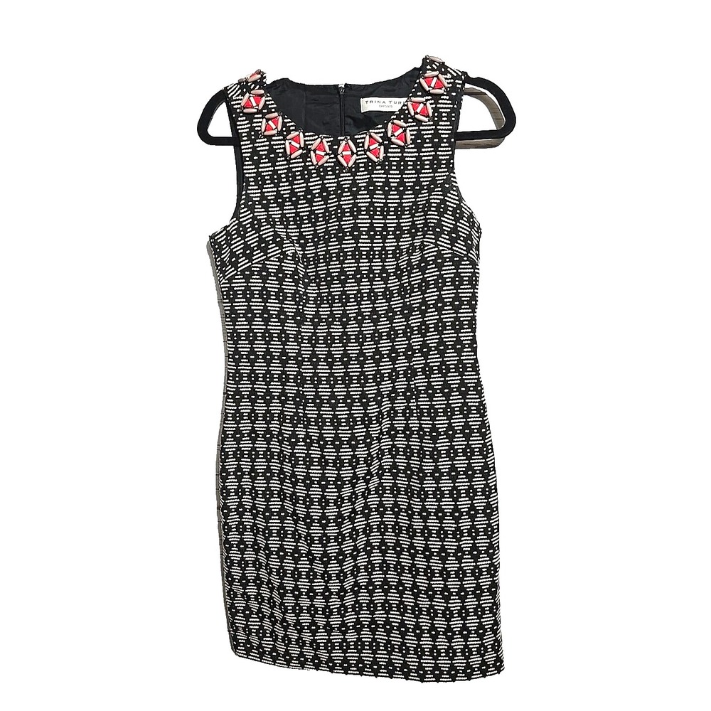 Trina Turk Embellished Neckline Geometric Sheath Dress Black Cream TD143003 6